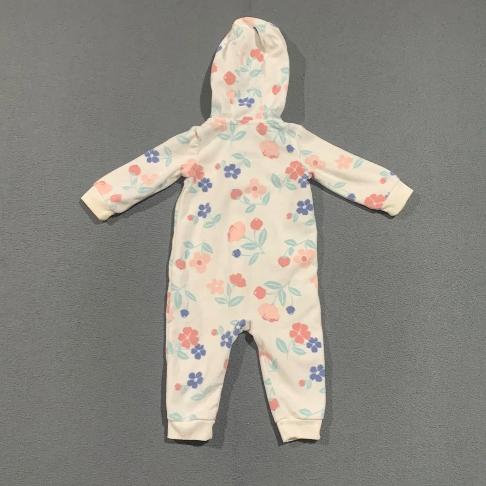 Carters Baby Girl 9M Floral Fleece‎ Hooded Jumpsuit White Pink Blue Zip Romper